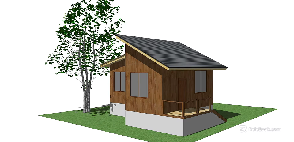 Single Family House With Wooden Exterior Black Roof Porch White Base And Windows 3d model 