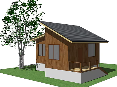 Single Family House With Wooden Exterior Black Roof Porch White Base And Windows 3d model