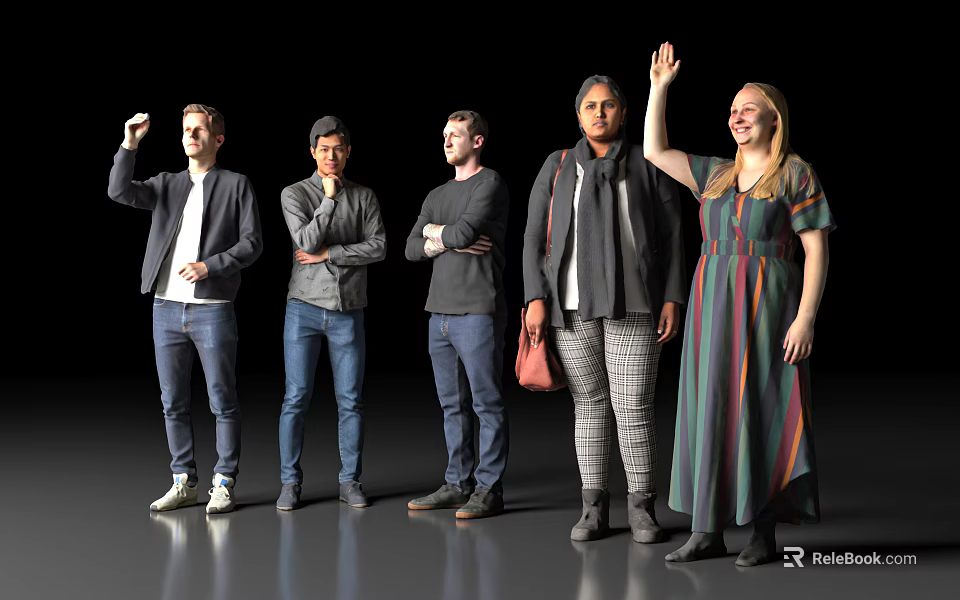 Diverse Group of People Standing Together With Various Poses On Dark Background And Gray Floor 3d model 