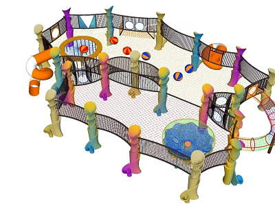 Colorful Playground Equipment With Slide Ball Pit Netted Enclosure And Shaped Structures 3d model