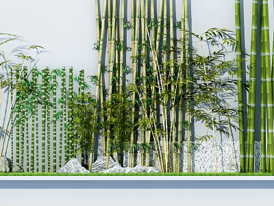 Lush Bamboo Plants and Decorative Fence in Garden with Stones and Grass 3d model