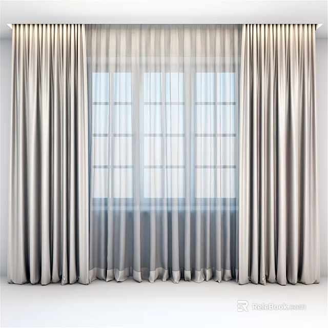 Elegant Light Gray Double Layer Curtains With Sheer Fabric And Glass Window Panels 3d model 