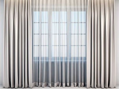 Elegant Light Gray Double Layer Curtains With Sheer Fabric And Glass Window Panels 3d model