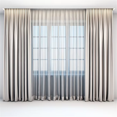Elegant Light Gray Double Layer Curtains With Sheer Fabric And Glass Window Panels 3d model