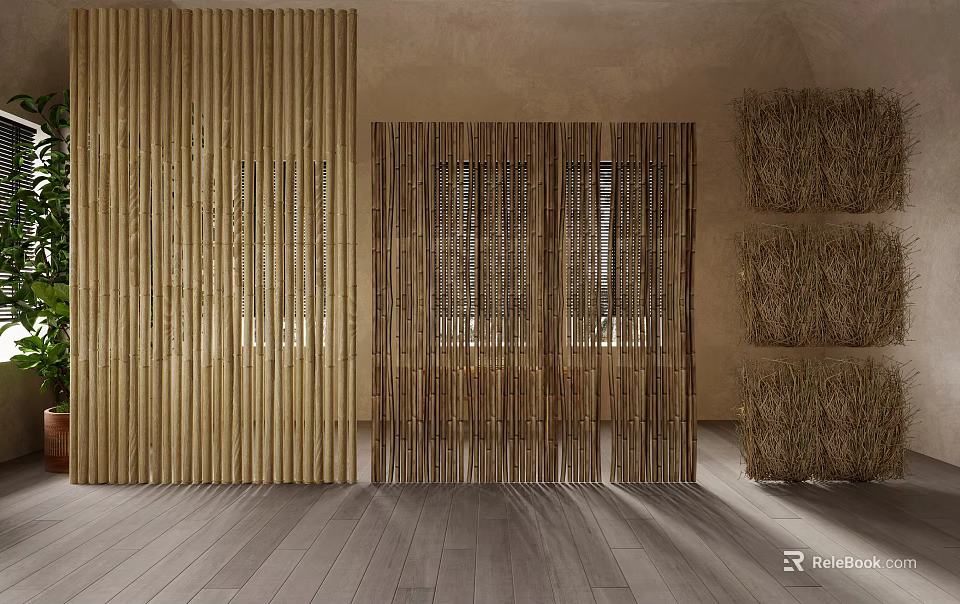 Minimalist Bamboo Slat Partition Design For Modern Interior Room With Natural Light 3d model 