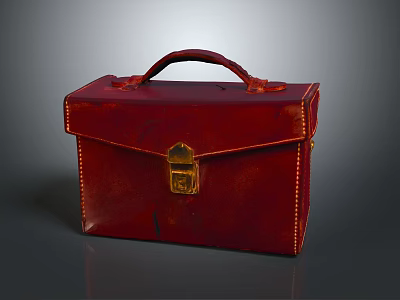 Red Leather Briefcase With Handle Golden Lock And Stitching Details 3d model