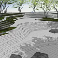 Park Landscape with Winding Stone Paths Steps Trees Lawns and Stone Blocks 3d model