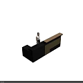 Black And Light Wood Striped Reception Desk With Receptionist Standing In Reception Area