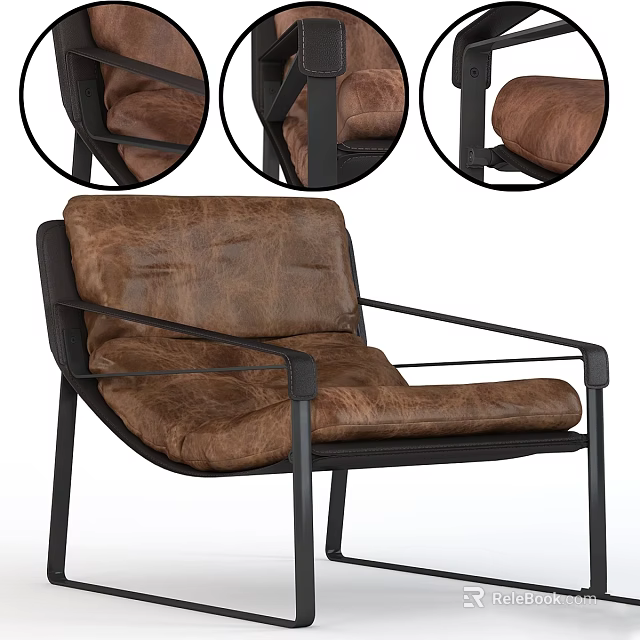 Brown Leather Leisure Chair With Black Metal Frame And Armrest Design 3d model 