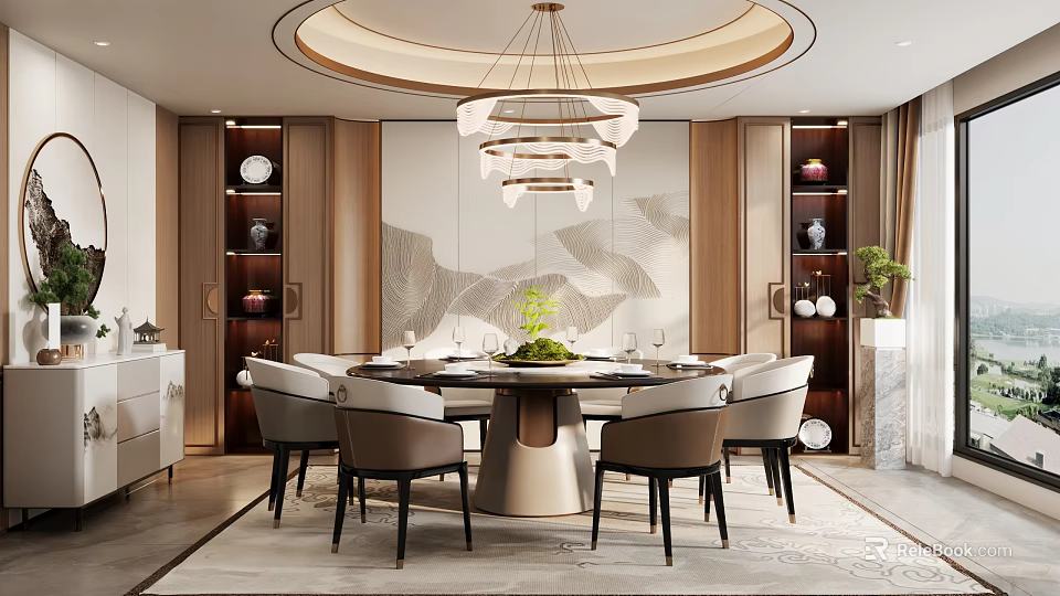 Chinese Style Private Dining Room with Round Table Chandelier Landscape Painting and Display Cabinets 3d model 