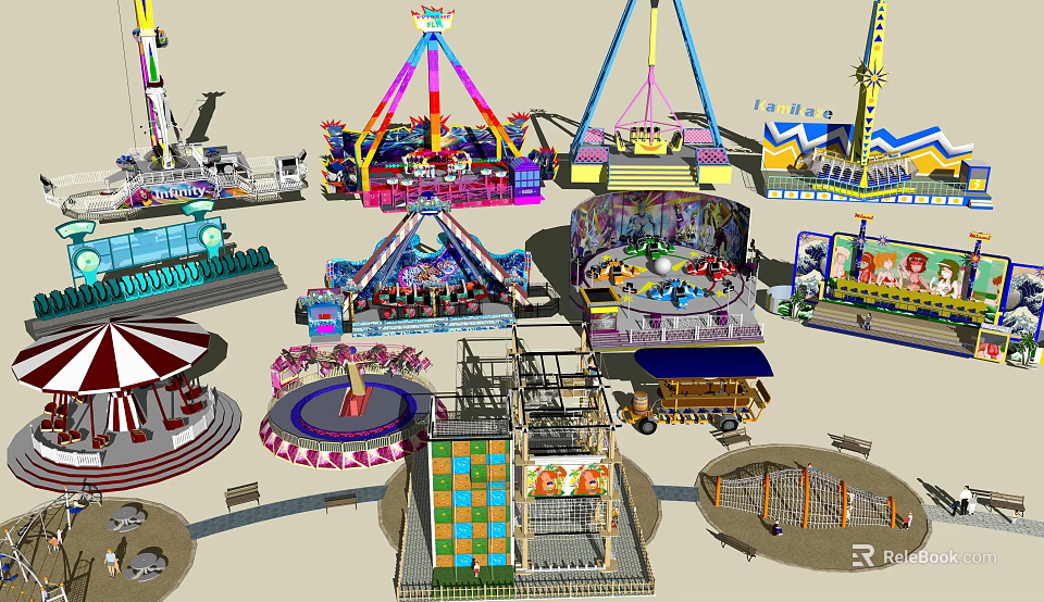 Amusement Rides Featuring Ferris Wheel Carousel Swings Teacups Roller Coaster and Play Structures 3d model 