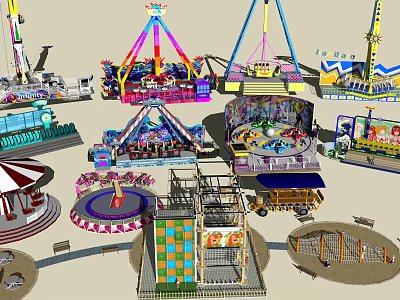 Amusement Rides Featuring Ferris Wheel Carousel Swings Teacups Roller Coaster and Play Structures 3d model