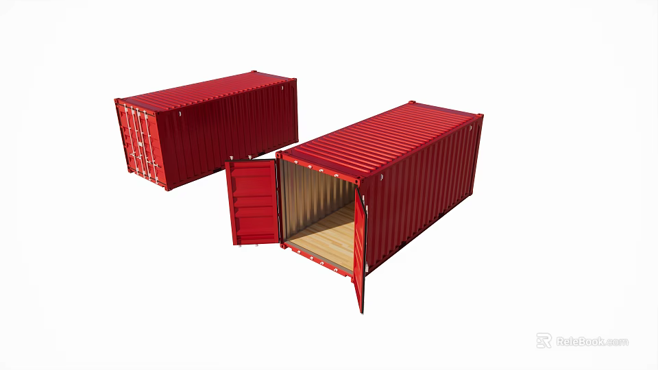 Red Industrial Shipping Containers With Open Door And Wooden Interior Structure 3d model 