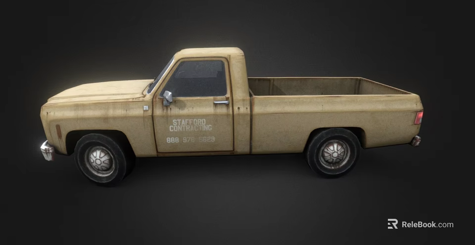 Old Beige Vintage Pickup Truck With Single Cab Open Bed And Statewide Storage Text 3d model 