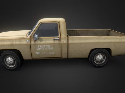 Old Beige Vintage Pickup Truck With Single Cab Open Bed And Statewide Storage Text 3d model