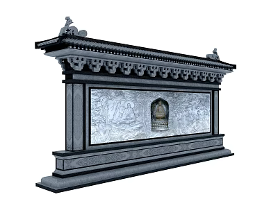 Traditional Chinese Scenic Wall with Classic Eave Relief Carvings and Arched Niche Design 3d model