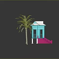 Turquoise Cabin with White Roof and Pink Steps Near Palm Trees