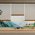 Natural Bamboo Blinds in Cozy Room with Mountain View and Wooden Tea Table