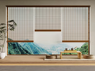 New Chinese-style Roller Bamboo Curtain Green Plant Tea Table 3d model