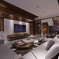 Modern Living And Dining Room Interior With Sofa Coffee Table Partition Artwork And Chandelier