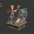 Detailed Fairy Tale Cottage Model With Windmill Blue Roof Wooden Structure Chimney And Staircase