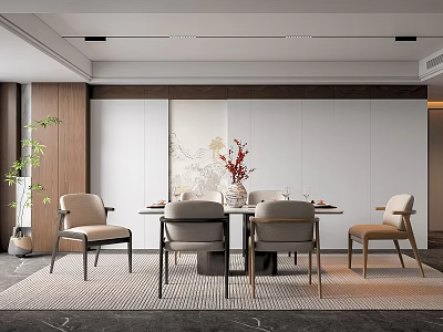 Modern Restaurant Interior with Dining Table Chairs Wooden Decor And Green Plant 3d model