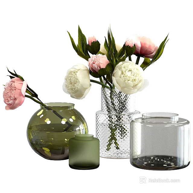 Decorative Glass Vases With Pink And White Peonies And Fresh Green Leaves 3d model 