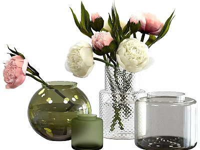 Decorative Glass Vases With Pink And White Peonies And Fresh Green Leaves 3d model