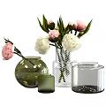Decorative Glass Vases With Pink And White Peonies And Fresh Green Leaves