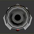 Silver Cylindrical Weapon With Red Stripes And Mechanical Structure On Dark Background