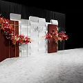 Elegant Wedding Decor With Red Orange Flowers White Brown Backdrop And Gold Frames