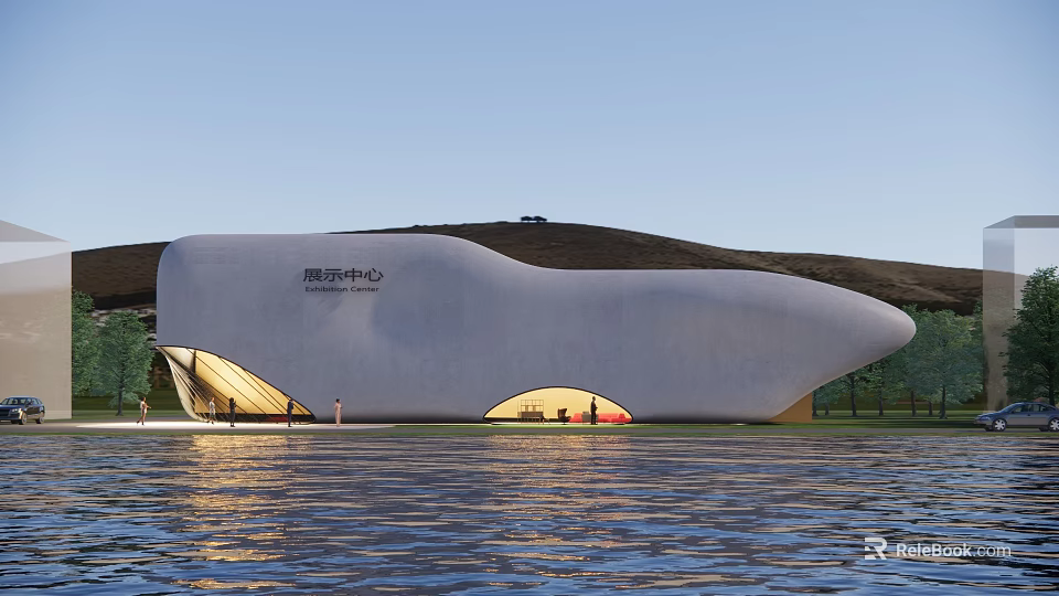 Illuminated Modern Library Building With Streamlined Design Waterfront View And Scenic Reflections 3d model 