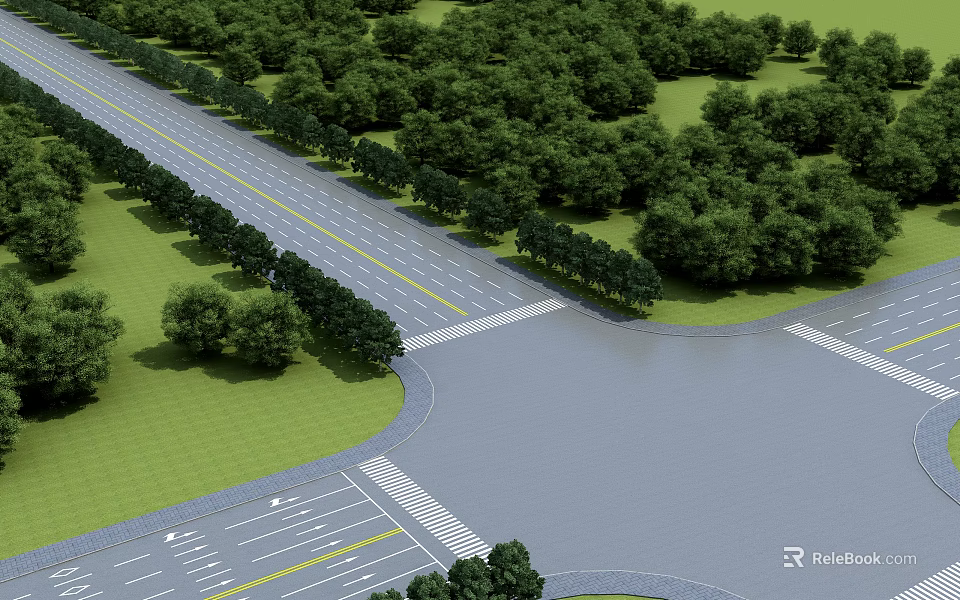 Urban Road Infrastructure Featuring Lane Markings Green Belts and Trees at Intersection 3d model 