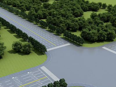 Urban Road Infrastructure Featuring Lane Markings Green Belts and Trees at Intersection 3d model