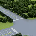Urban Road Infrastructure Featuring Lane Markings Green Belts and Trees at Intersection