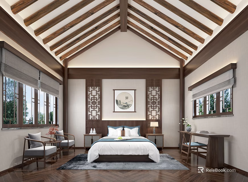 Chinese Style Hotel Guest Room With Wooden Beam Ceiling And Herringbone Carpet 3d model 