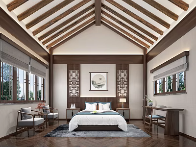 Chinese Style Hotel Guest Room With Wooden Beam Ceiling And Herringbone Carpet 3d model