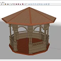 Wooden Gazebo With Hexagonal Structure Red Tiled Roof Carved Railings And Wooden Flooring