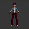 Game And Movie Character With Purple Hair Red Headband Blue Shirt And Red Shoes