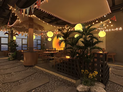 Cozy Restaurant Interior With String Lights Bunting Flags Palm Trees Pebble Floor And Sunset Decoration 3d model