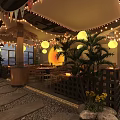 Cozy Restaurant Interior With String Lights Bunting Flags Palm Trees Pebble Floor And Sunset Decoration