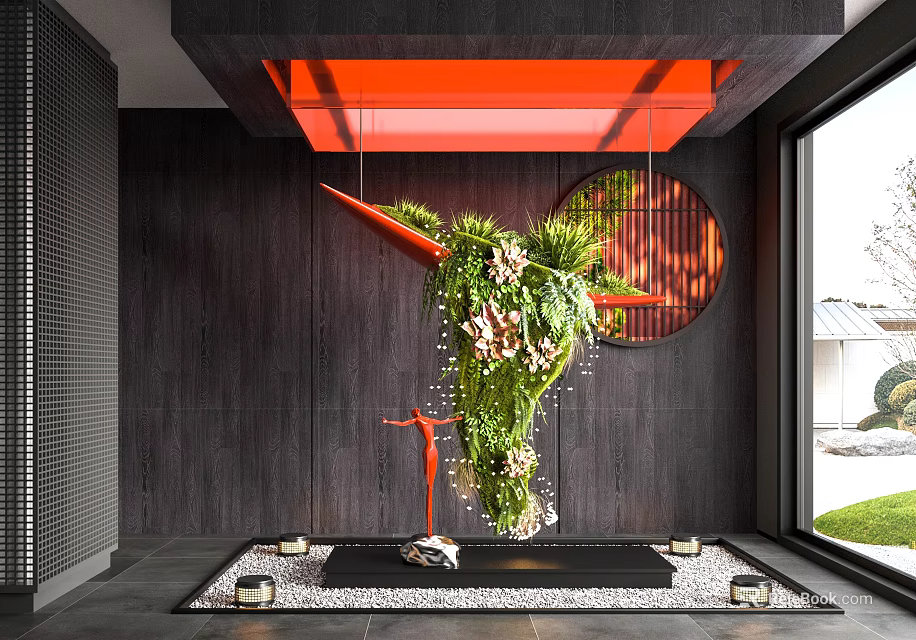 Modern Indoor Landscape With Hanging Green Plants Red Ceiling Circular Decor And Wooden Walls 3d model 