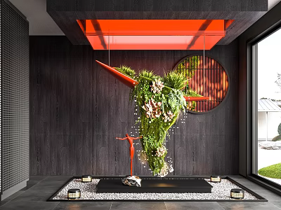 Modern Indoor Landscape With Hanging Green Plants Red Ceiling Circular Decor And Wooden Walls 3d model