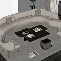 Modern Living Room Interior With L Shaped Sofa Armchairs Wooden Coffee Table And Round Lamp