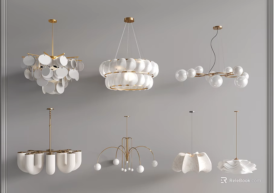 Modern Decorative Chandeliers With Various White Shapes Golden Frames And Unique Designs 3d model 