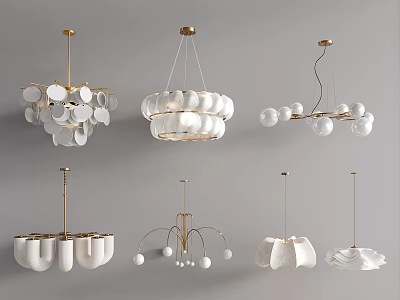 Modern Decorative Chandeliers With Various White Shapes Golden Frames And Unique Designs 3d model