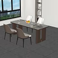 Rectangular Dining Table Set With Four Chairs Fruit And Tableware Near Window And Bookshelf 3d model