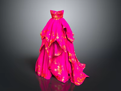 Man Wearing Pink Strapless Gown With Gold Patterns And Long Train On Gray Background 3d model