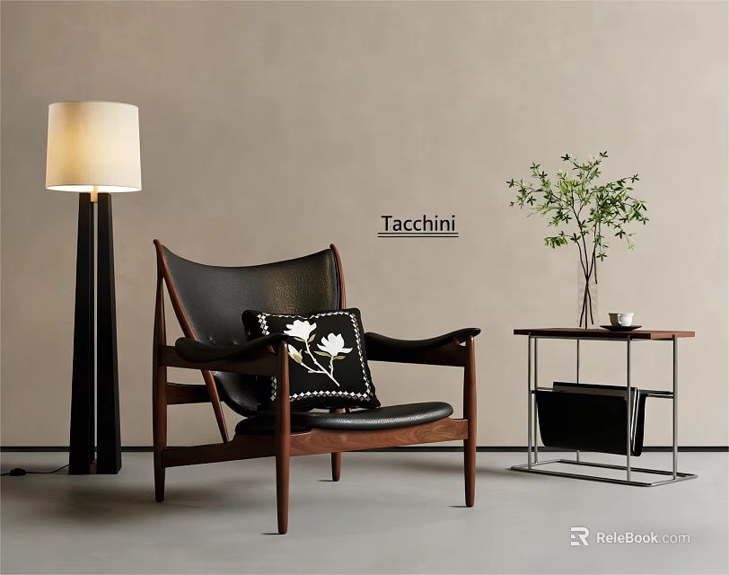 Tacchini Black Leather Leisure Chair With Wooden Frame Floor Lamp Side Table And Green Plant 3d model 