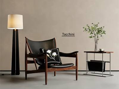 Tacchini Black Leather Leisure Chair With Wooden Frame Floor Lamp Side Table And Green Plant 3d model